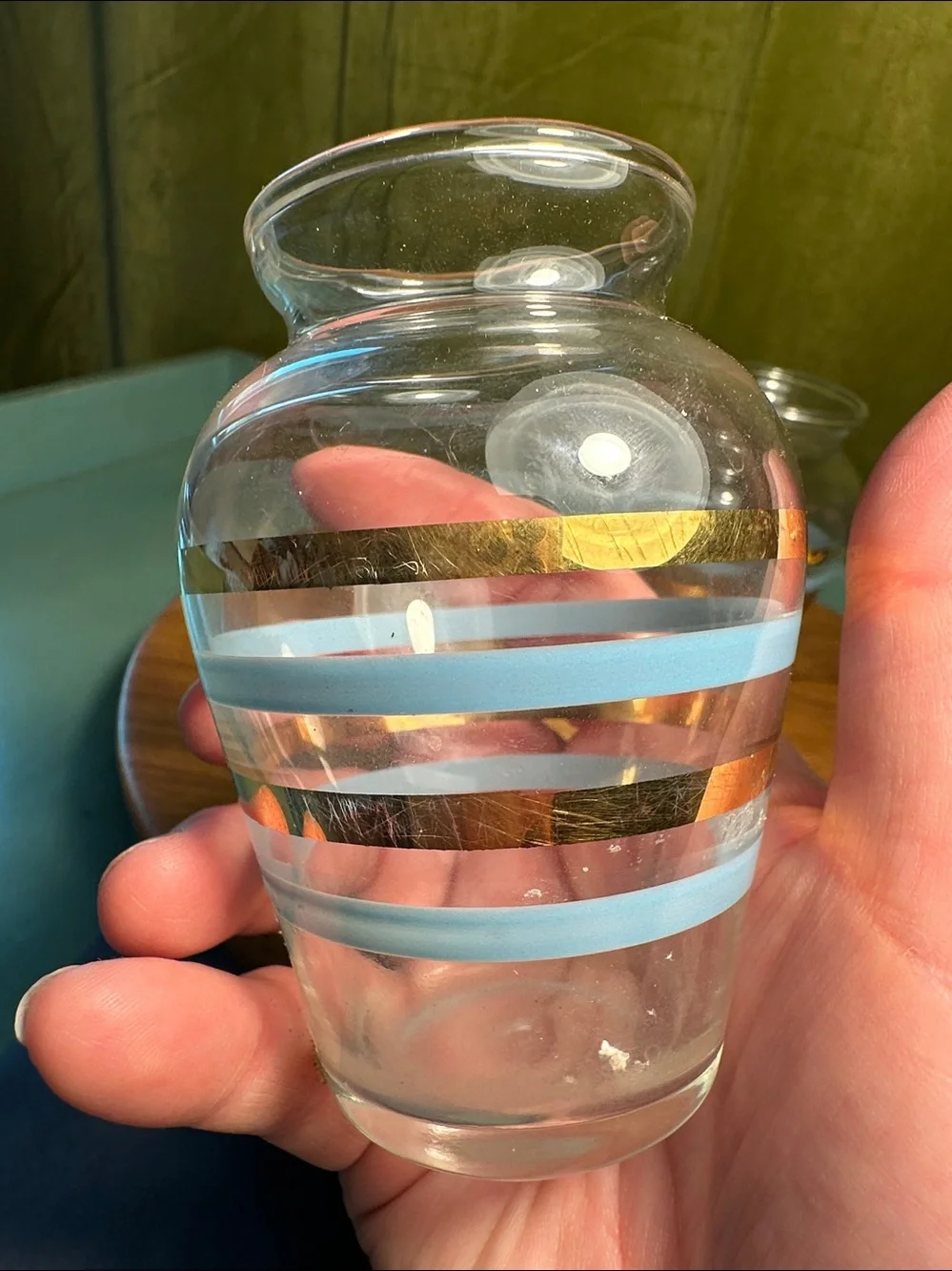 Two small vases mid century. Blue and gold stripe